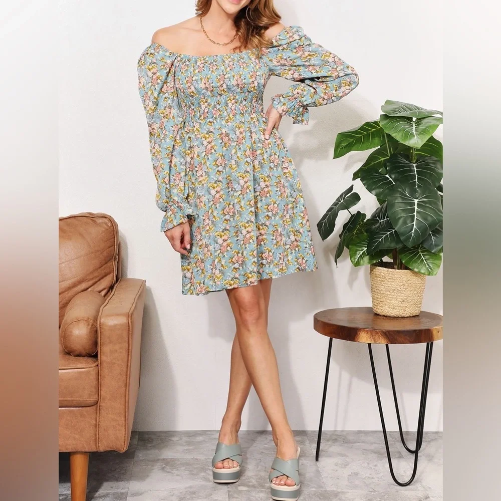 NEW Double Take Spring Floral Smocked Long Ruffle Sleeve Square Neck Dre… - Picture 7 of 12